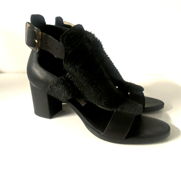 Miista Sandal Black Leather Open Toe Ankle Strap Buckle Fringe Cut Out 3… - Picture 5 of 10